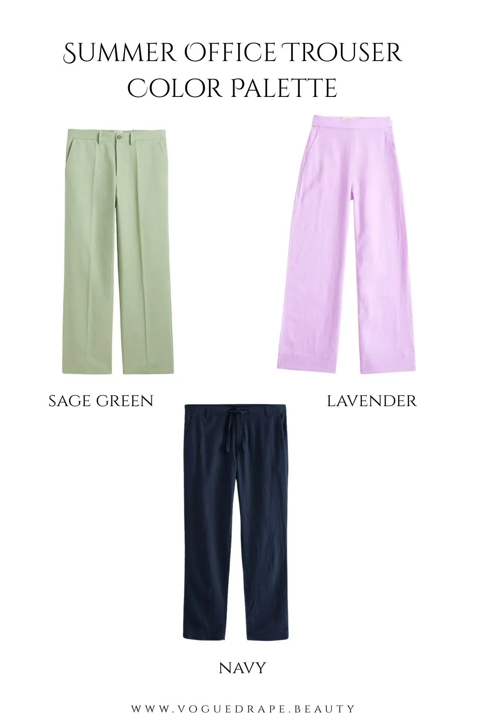 Rack of linen rayon trousers in sage green lavender and navy