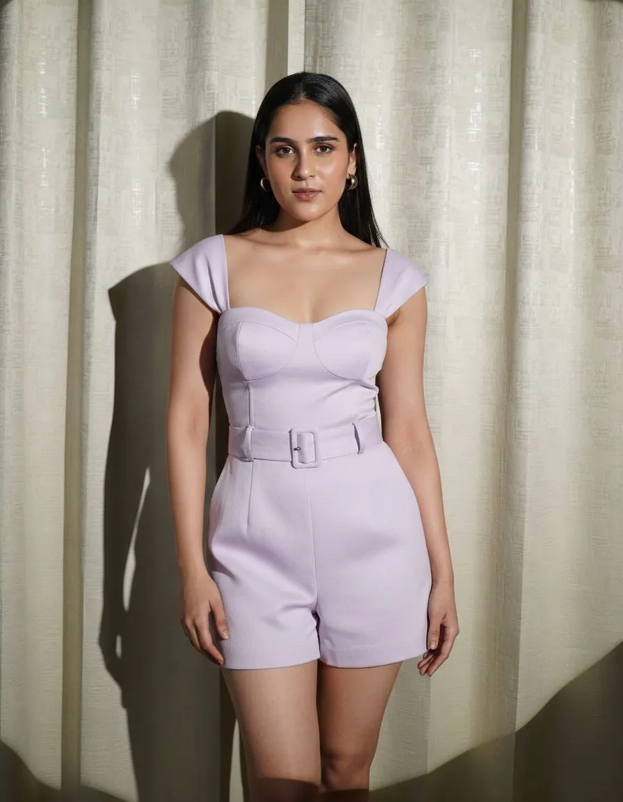 Woman wearing a structured pastel lilac romper with a belt in a garden setting