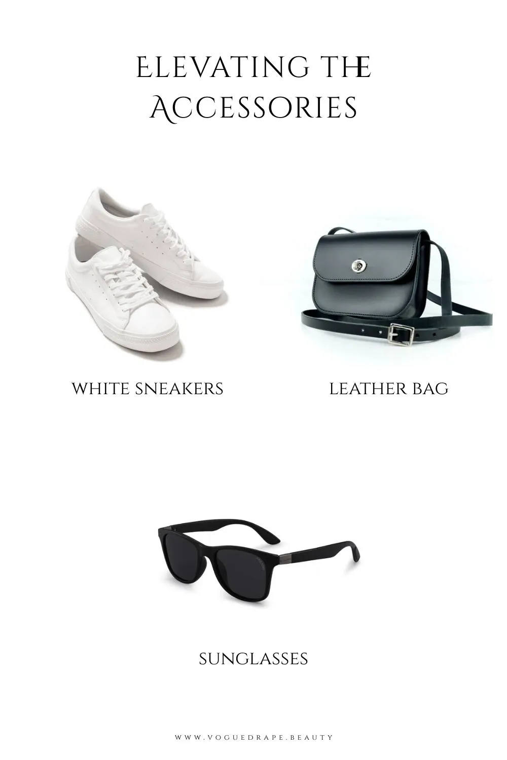 Flat lay of white sneakers leather bag and sunglasses