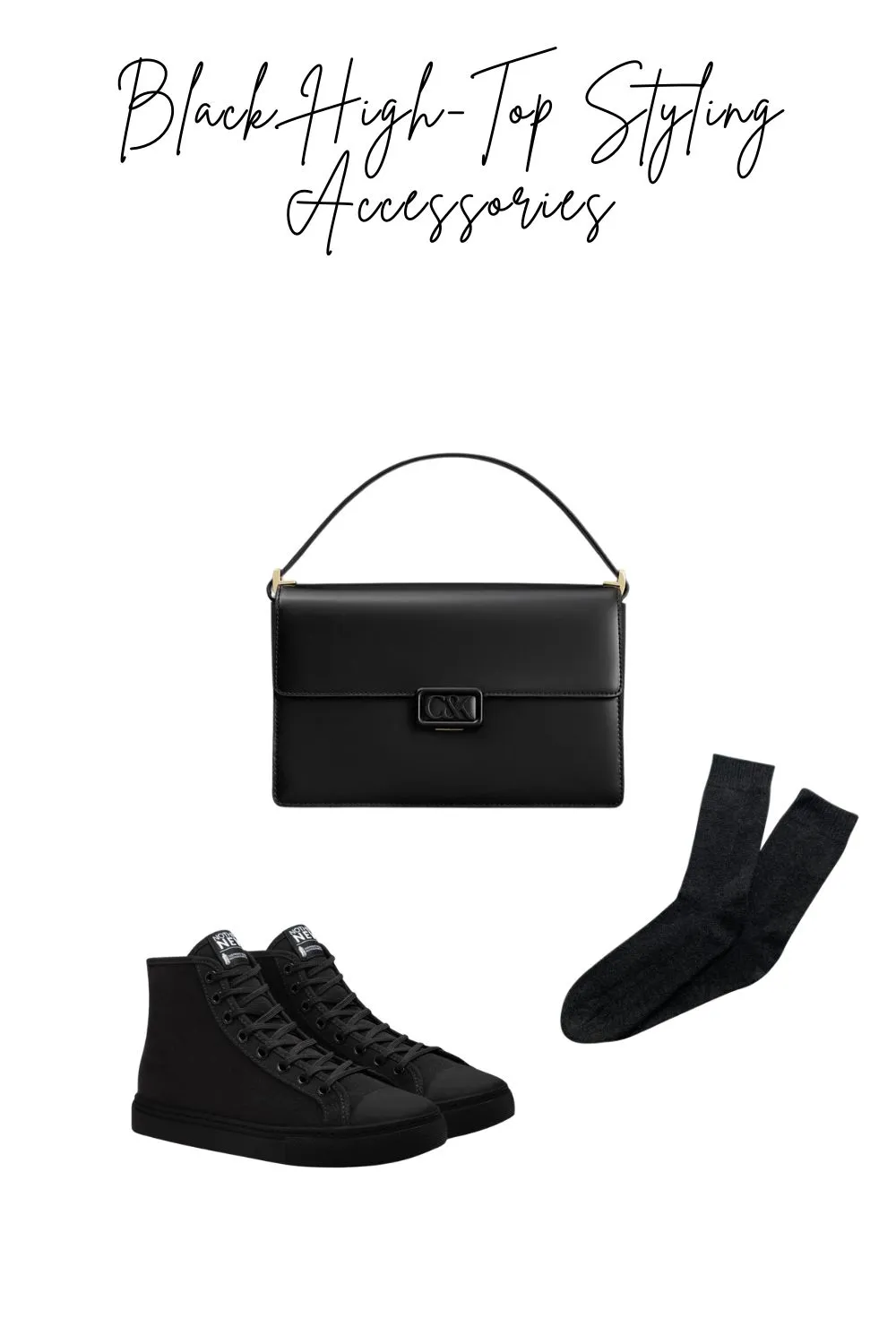 Flatlay of black high tops with cashmere socks and leather bag