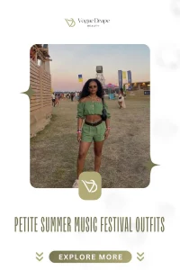A petite woman wearing a tan linen utility romper at a summer music festival for maximum comfort.