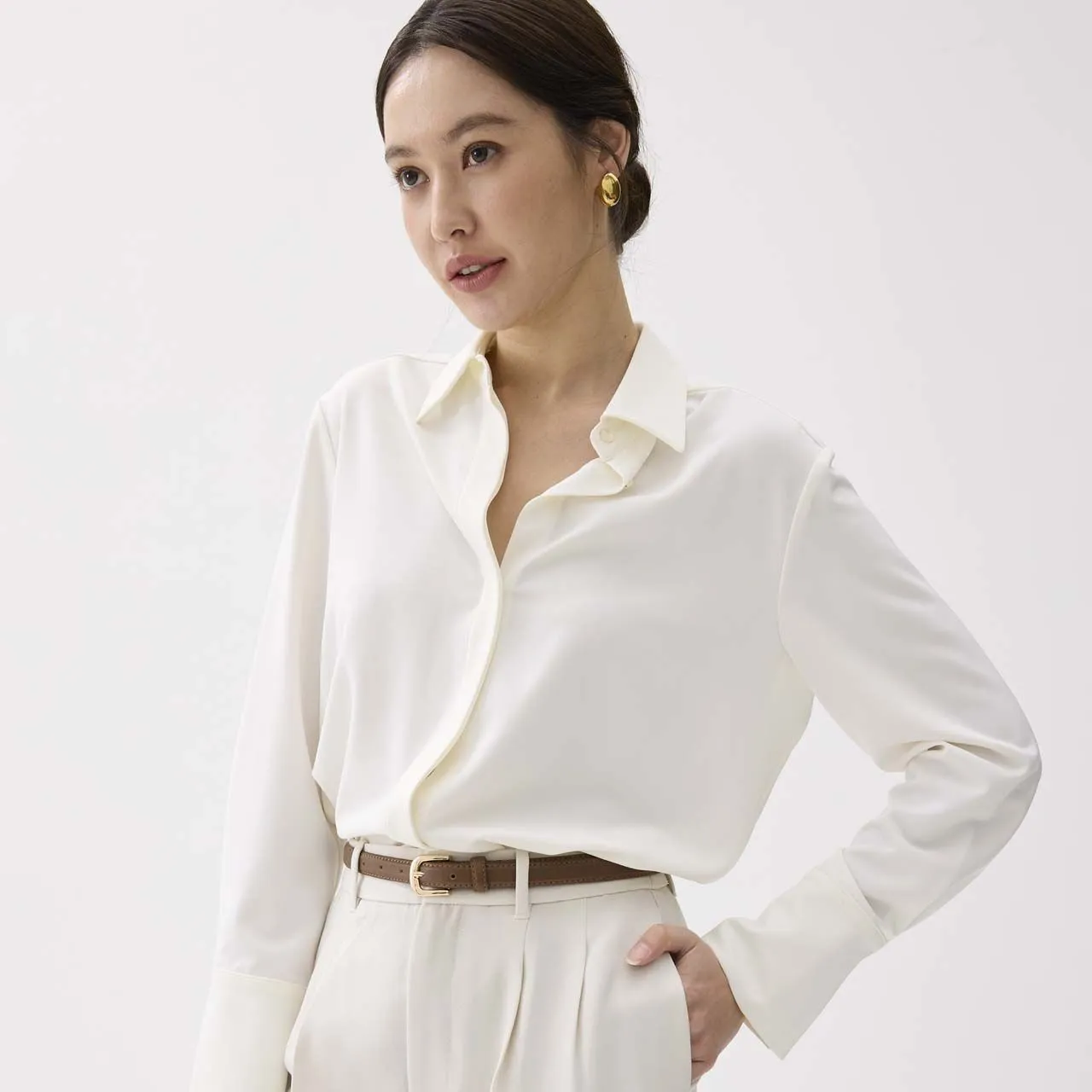 Modern business casual outfit with silk and culottes.