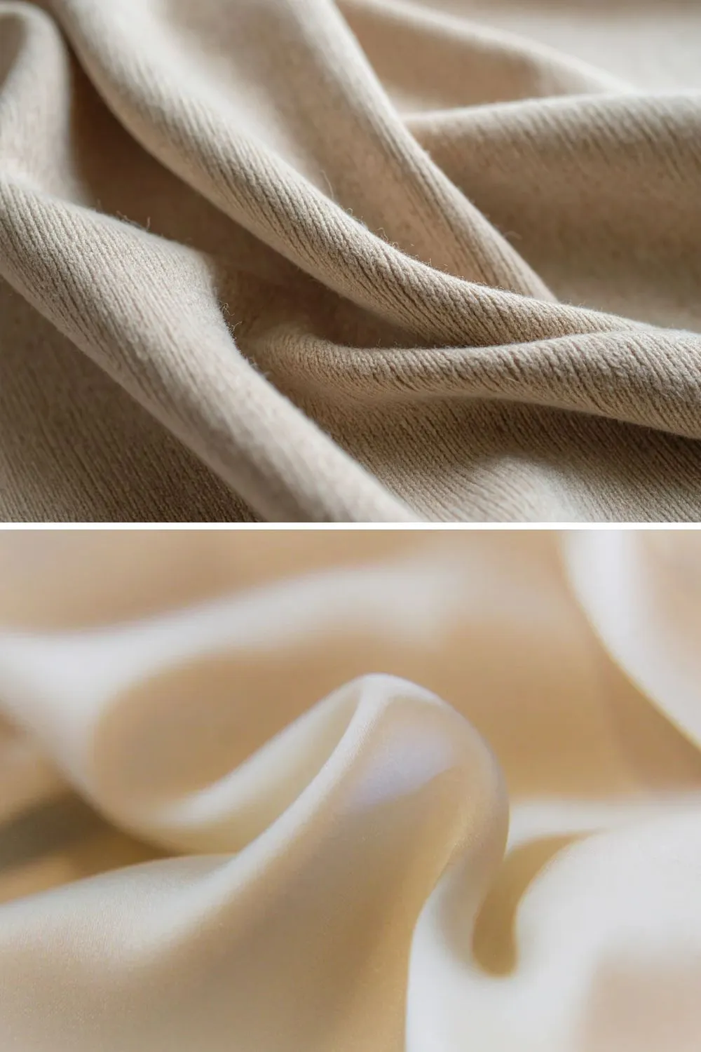 Close up shot of cream silk and wool fabrics for business casual outfits.