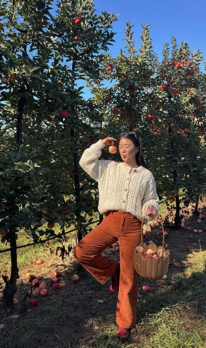 Woman wearing a cream chunky knit sweater and rust wide leg corduroy pants