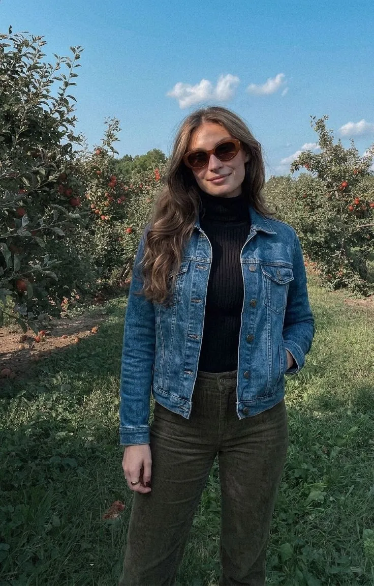 Woman wearing a denim jacket and ribbed turtleneck with corduroy pants for apple picking