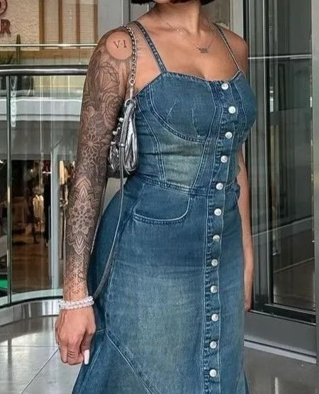 Close up of various denim textures and washes for western maxi dresses