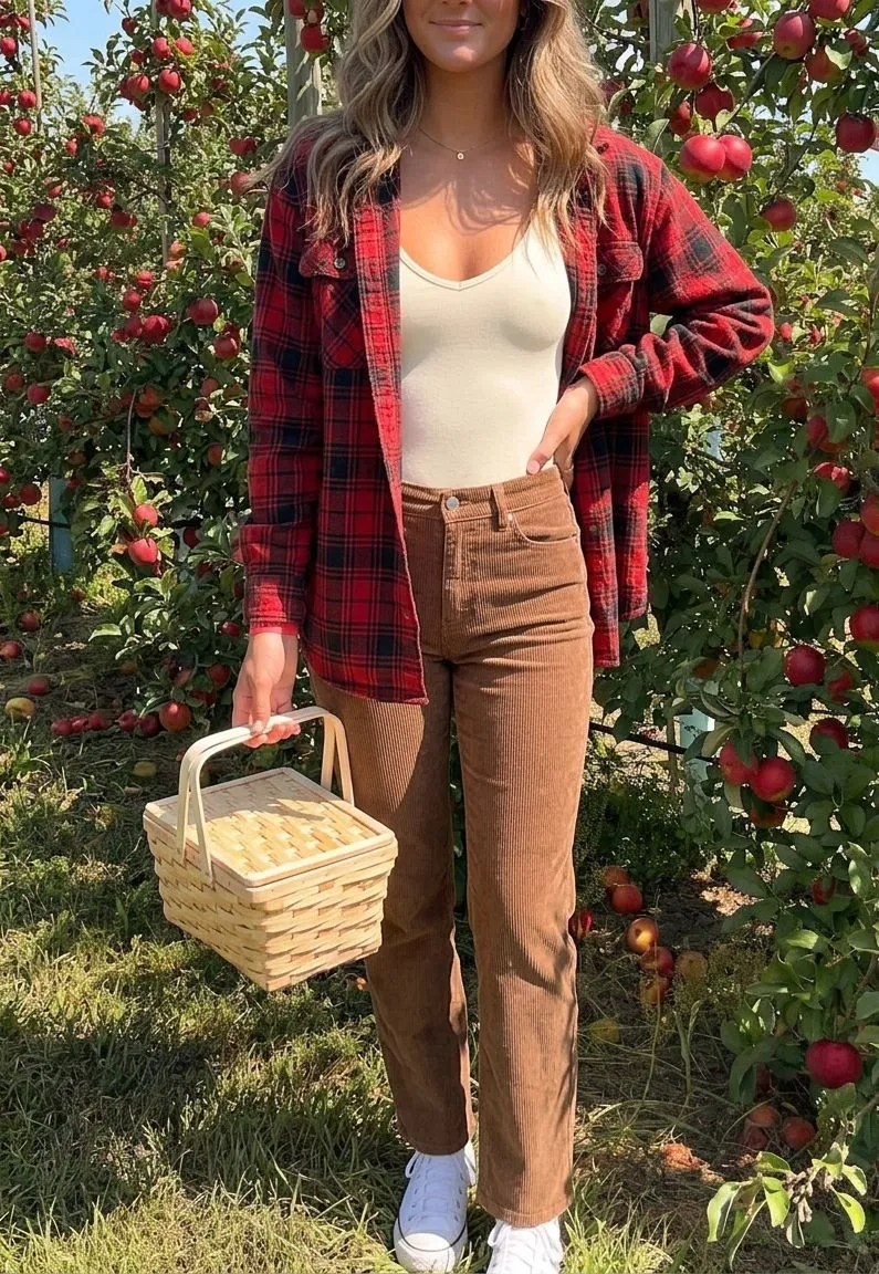 Woman styling a bodysuit under an open plaid shacket with corduroy trousers