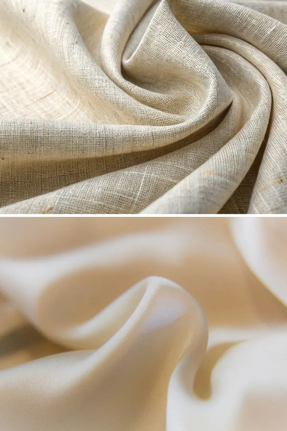 Close-up of matte linen and lustrous silk fabric textures