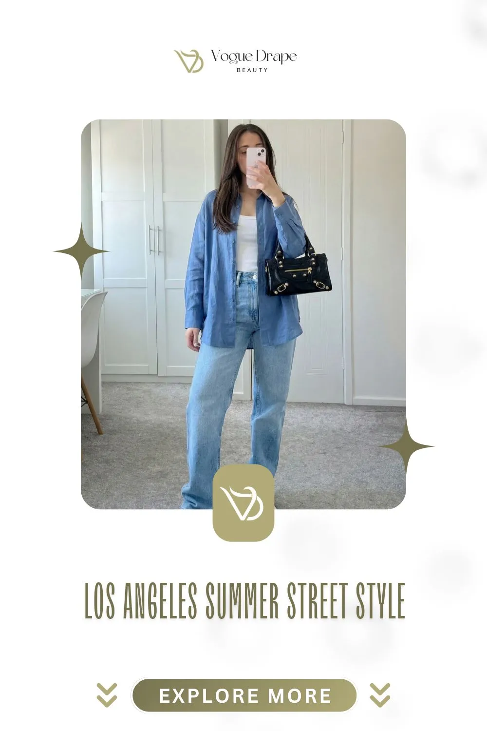 A woman modeling an oversized blazer and denim shorts, representing Los Angeles summer street style for cooler evenings.