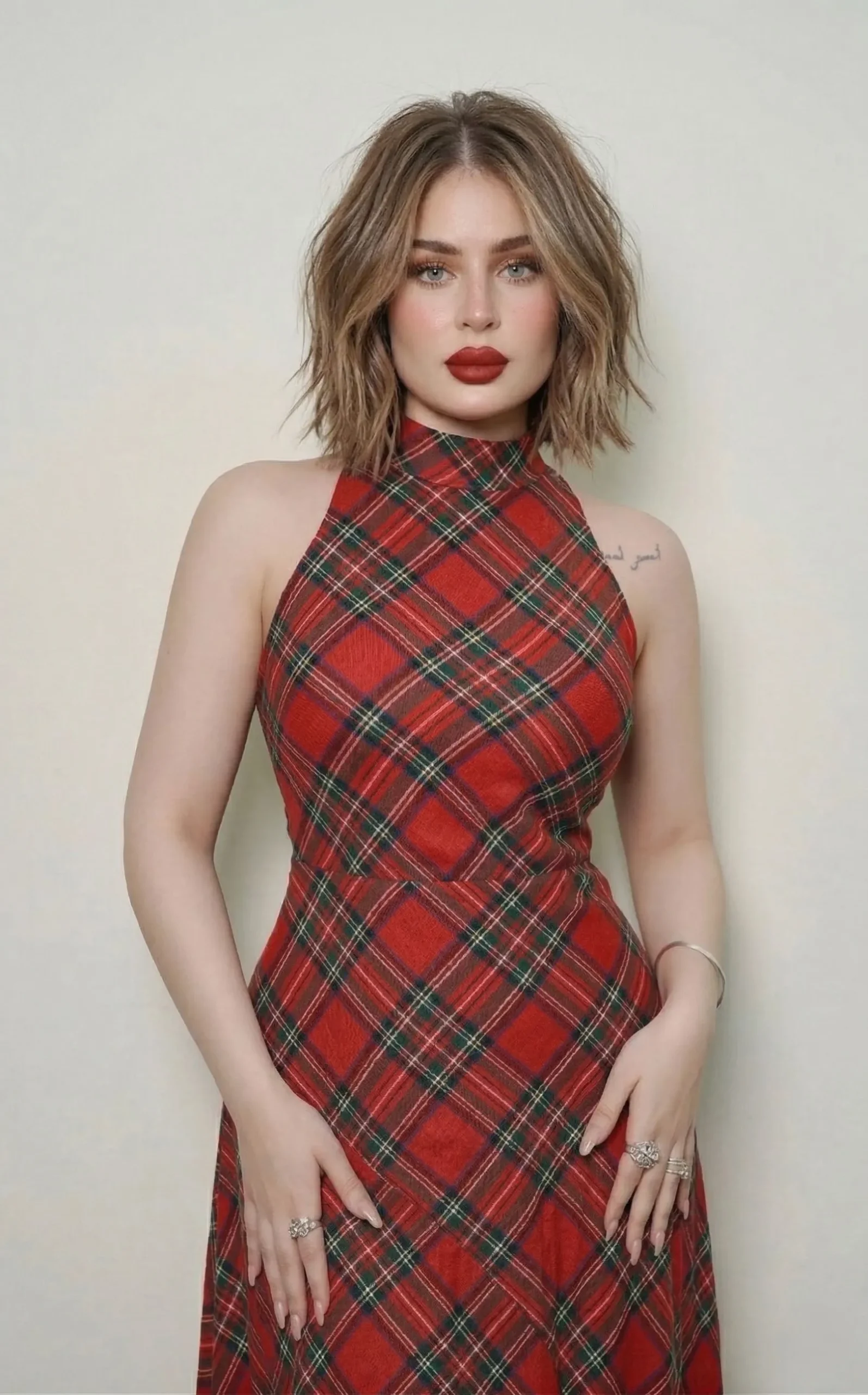 Model wearing a plaid dress with a matte red lip and a soft shag haircut.