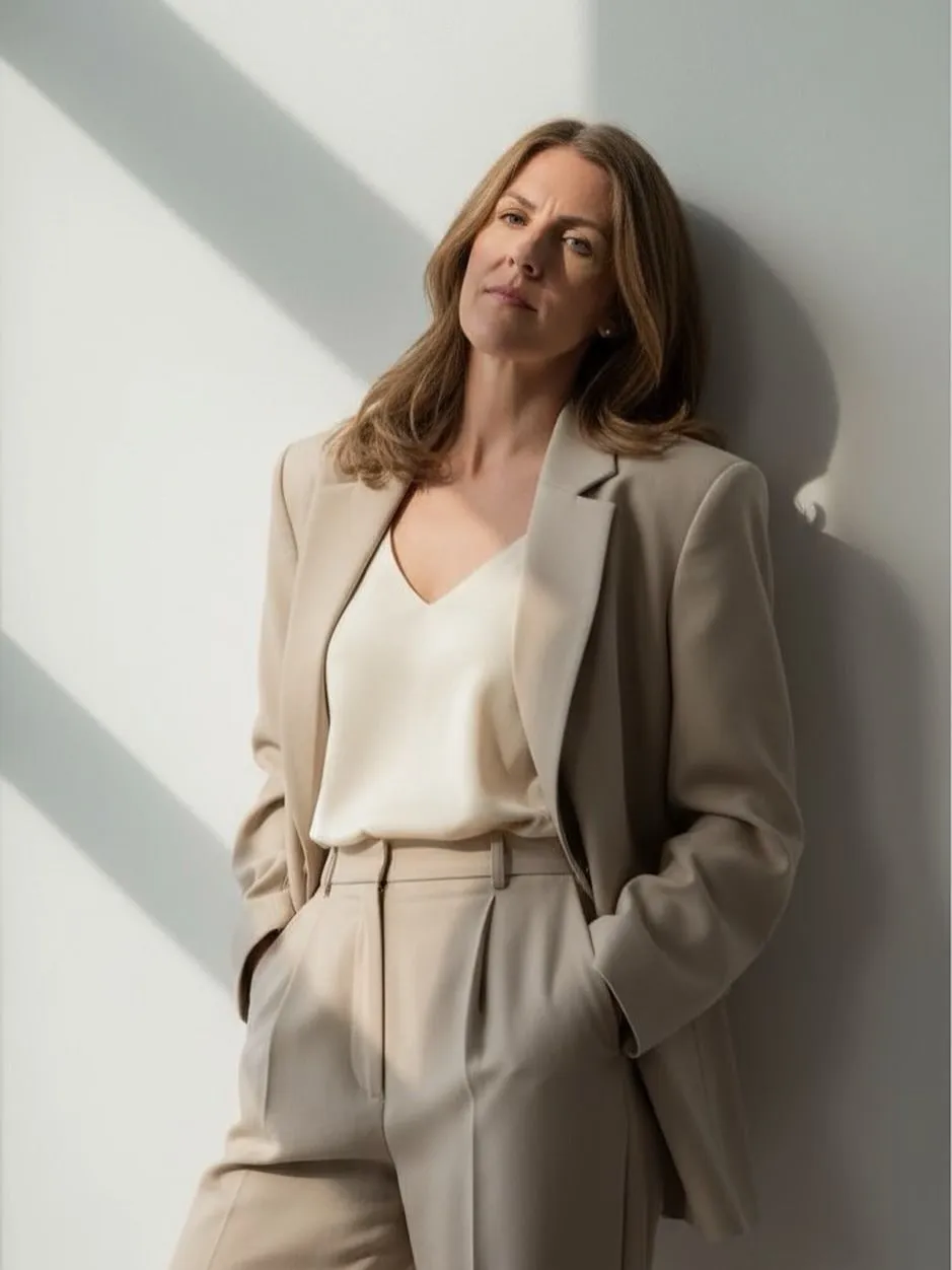 Woman wearing a monochromatic cream blazer and tailored trousers for a clean girl business casual look.