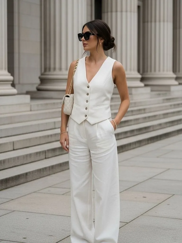 Woman in New York wearing ivory linen monochrome set for summer walking