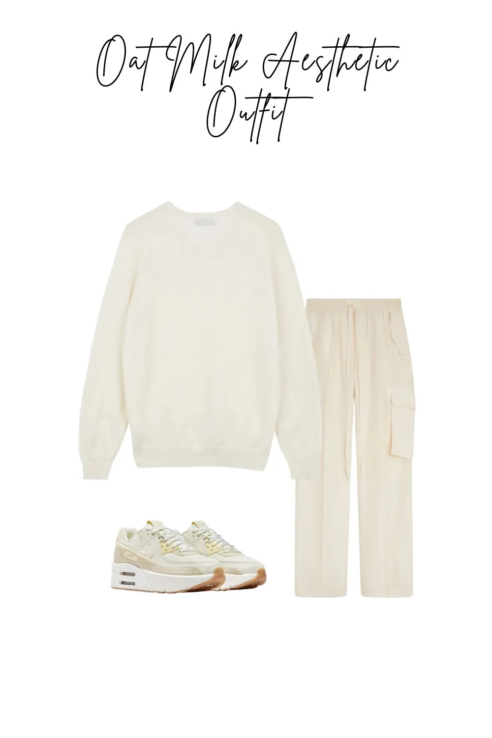 Flat lay of ivory platform sneakers with a cream cashmere sweater and vanilla trousers