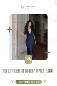 A woman styling a champagne silk slip dress with a cashmere wrap for an old money summer evening aesthetic.