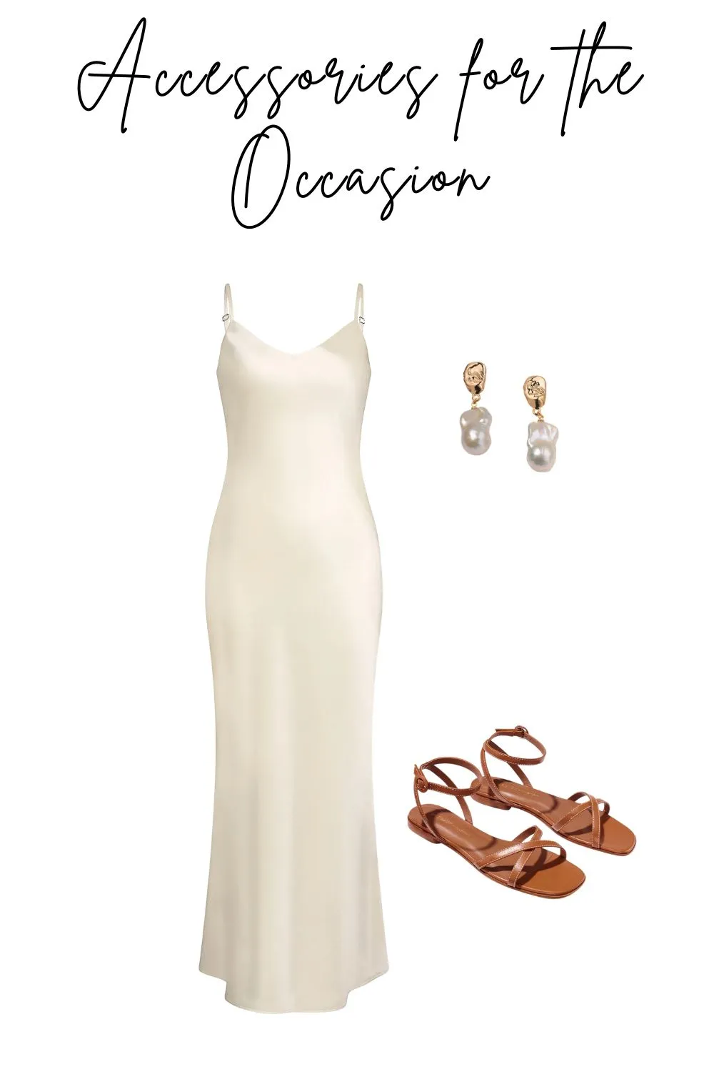 Curated selection of pearls and leather sandals for a silk slip dress outfit.