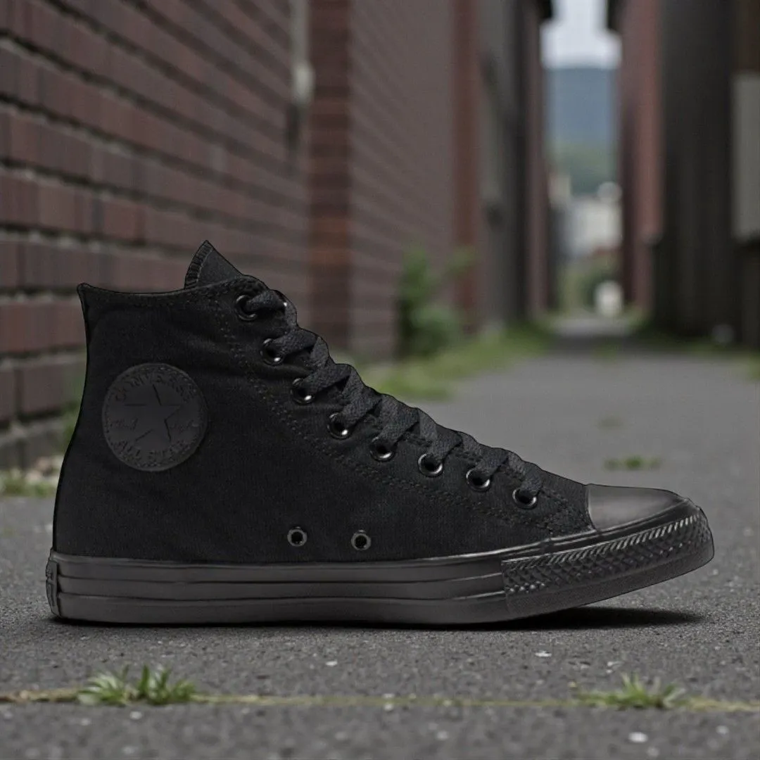 Close up of cropped denim hem grazing the top of black high-top sneakers