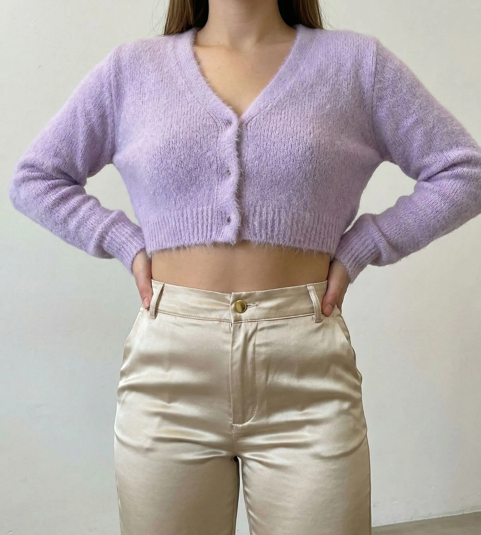 Detail shot of champagne satin cargo pants waistband paired with a lilac mohair cardigan