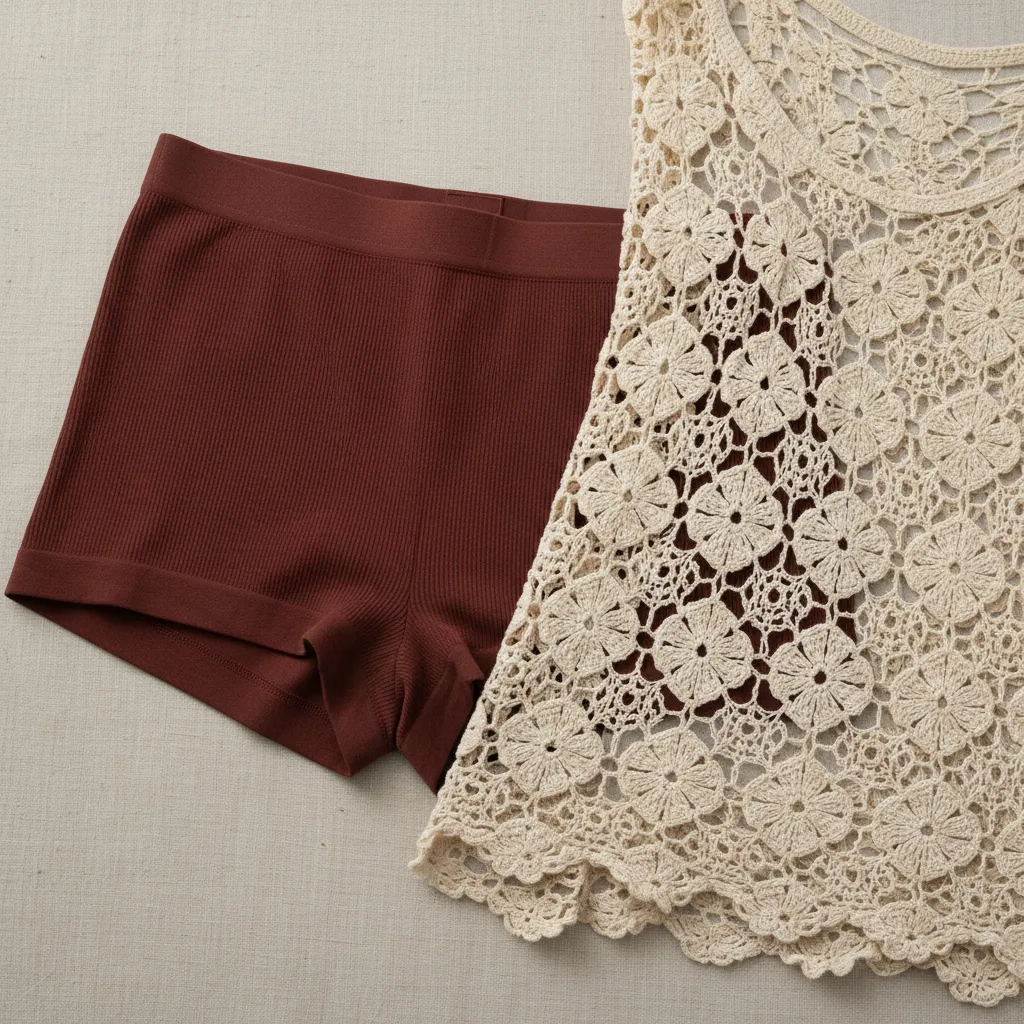 Rich mahogany seamless boy shorts paired with ivory crochet fabric