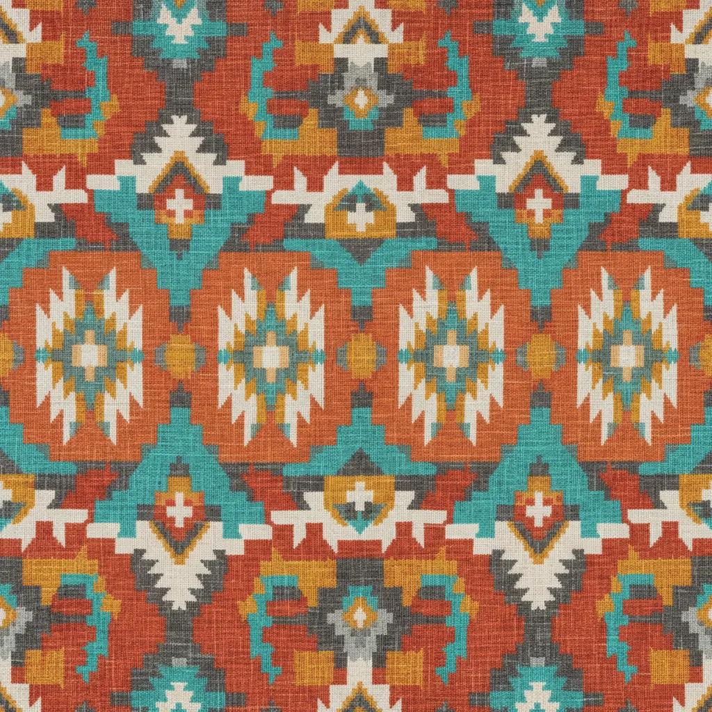 Close up of a matte linen dress with terracotta and turquoise Southwestern prints