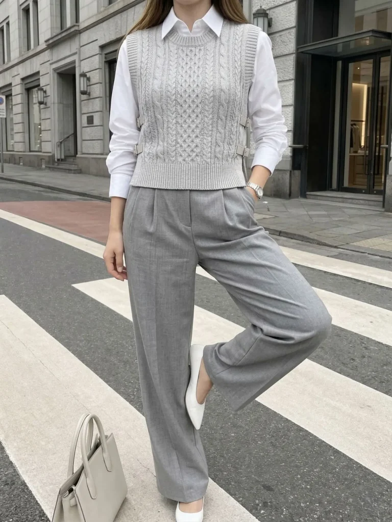 A woman styling a structured knit vest with fluid wide-leg slacks for a clean girl business casual look.