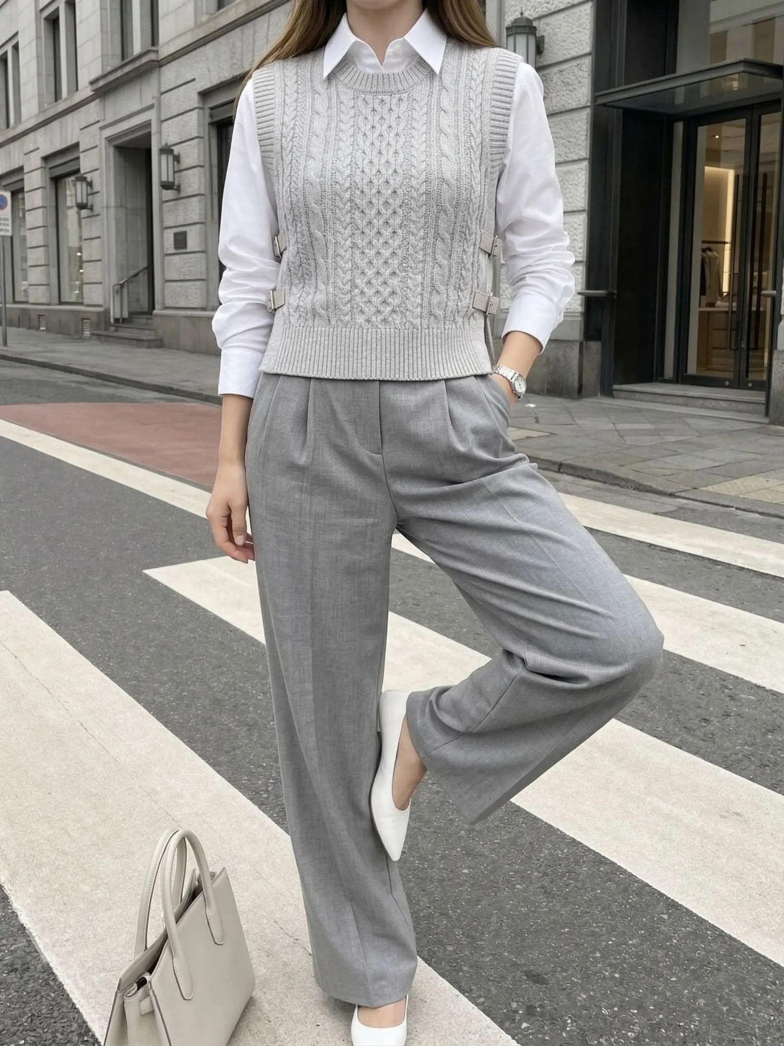 A woman styling a structured knit vest with fluid wide-leg slacks for a clean girl business casual look.