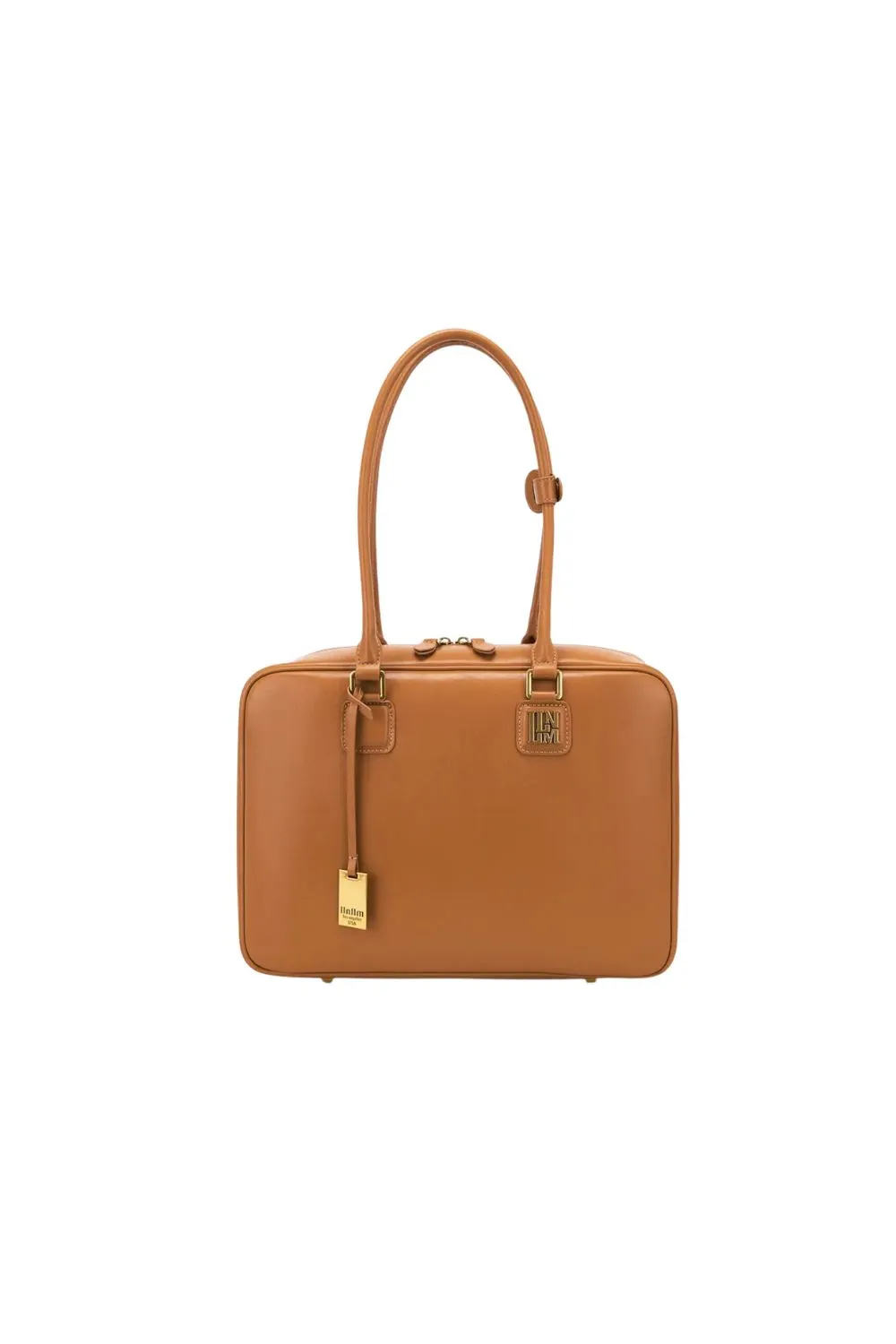Elegant structured top-handle bag in tan leather with gold hardware.