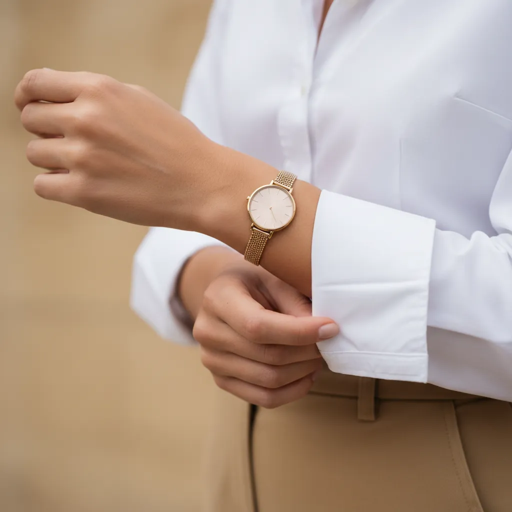 Close up of rolling shirt sleeves with a gold watch