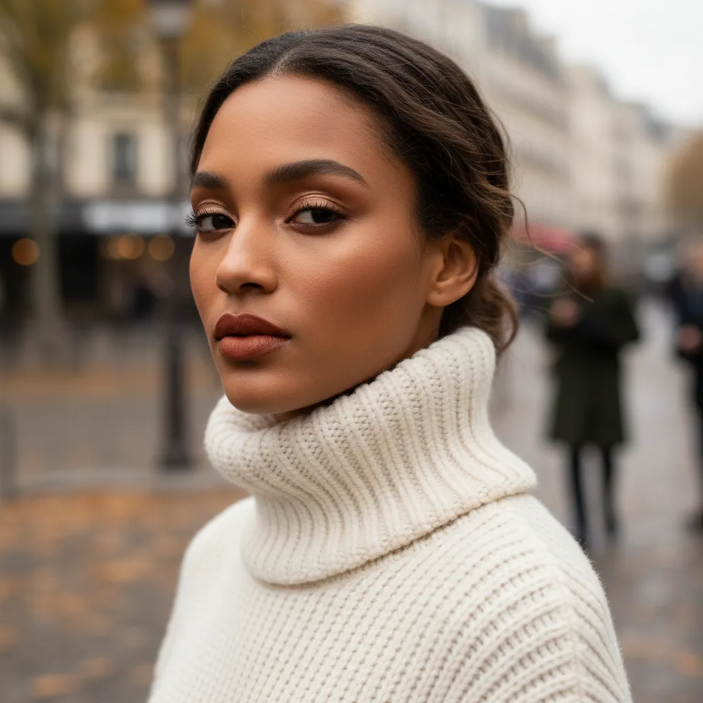 Model with warm skin wearing matte terracotta lipstick