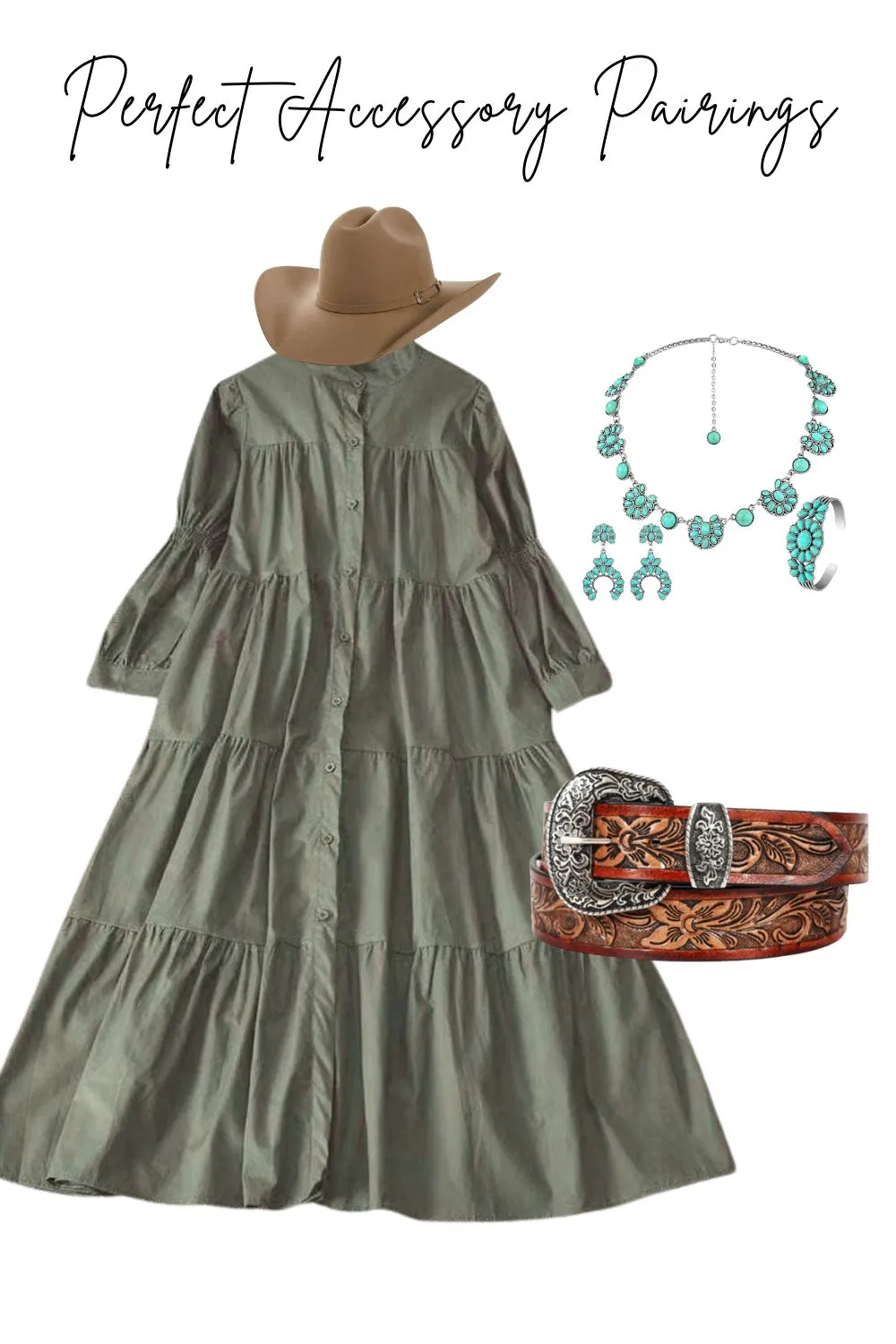 Flat lay of western accessories with a felt hat, leather belt, and turquoise jewelry