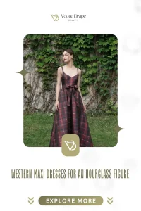 A woman with an hourglass silhouette wearing a denim western maxi dress with a turquoise necklace.