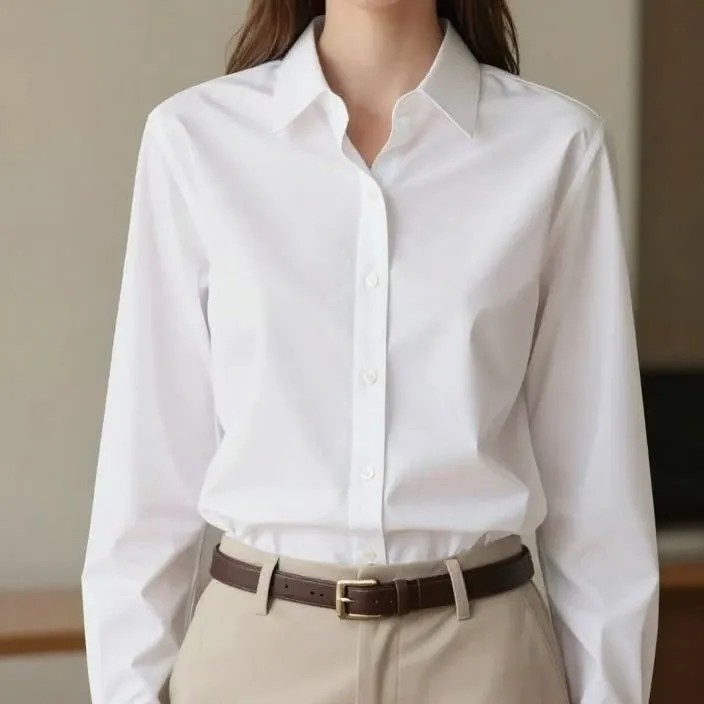 Professional woman in white poplin shirt and beige chinos