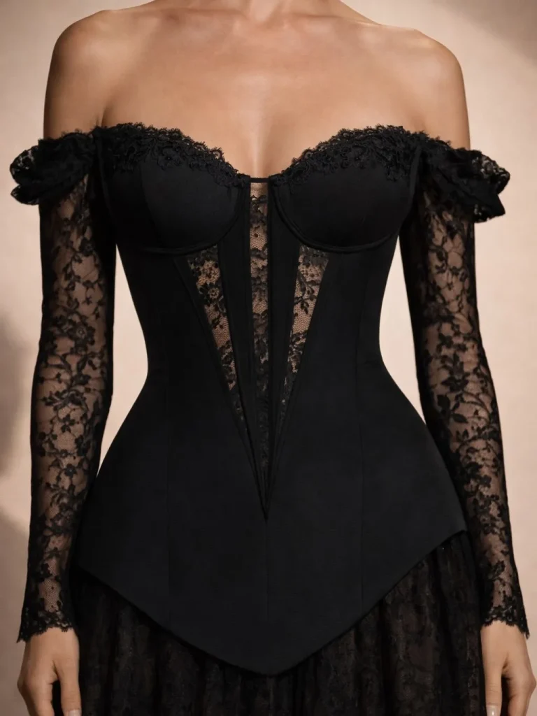 Detailed shot of a black lace and satin structured bustier for curvy women