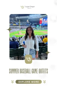 Woman wearing a denim skirt and white tee at a baseball stadium for a first date.