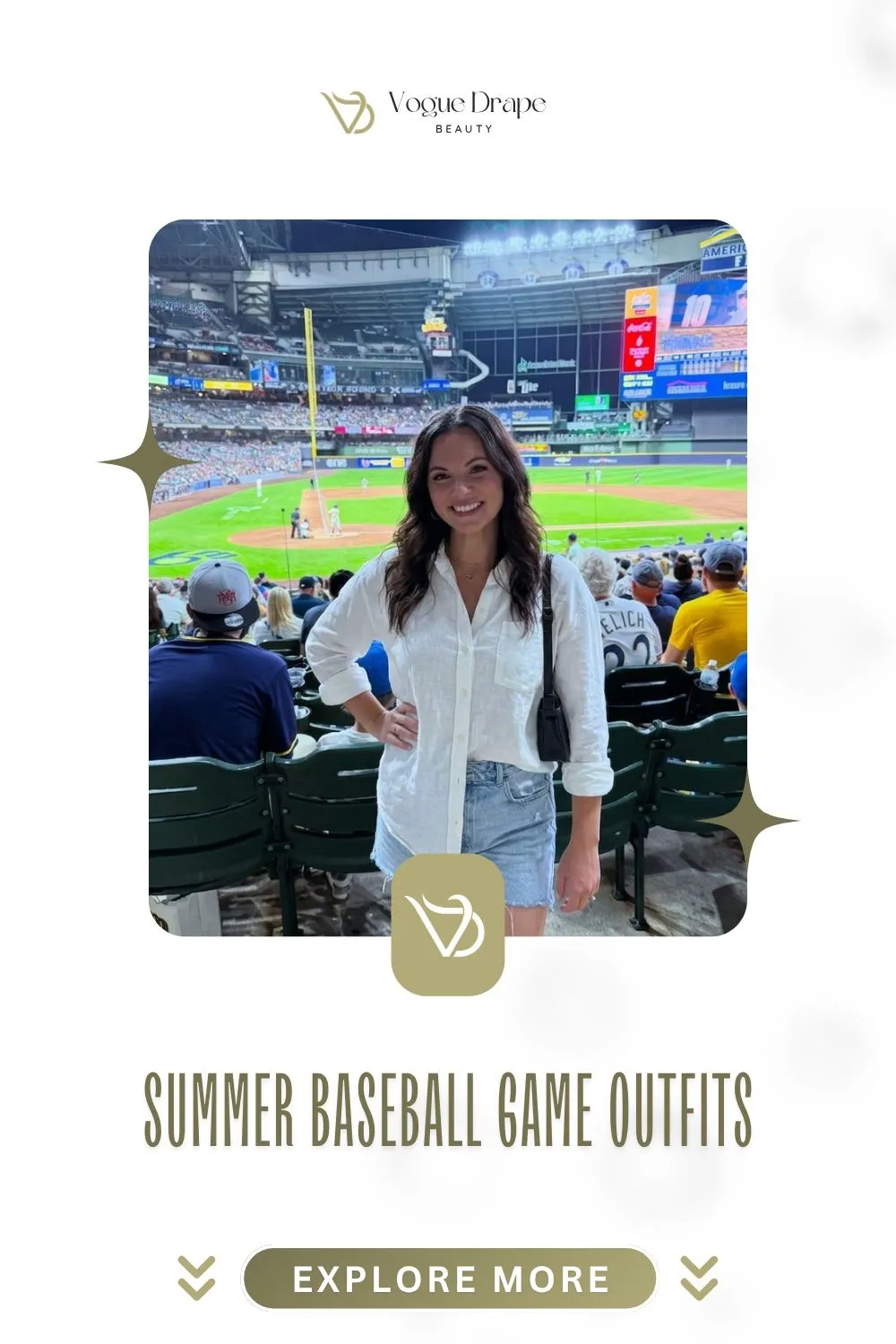 Woman wearing a denim skirt and white tee at a baseball stadium for a first date.