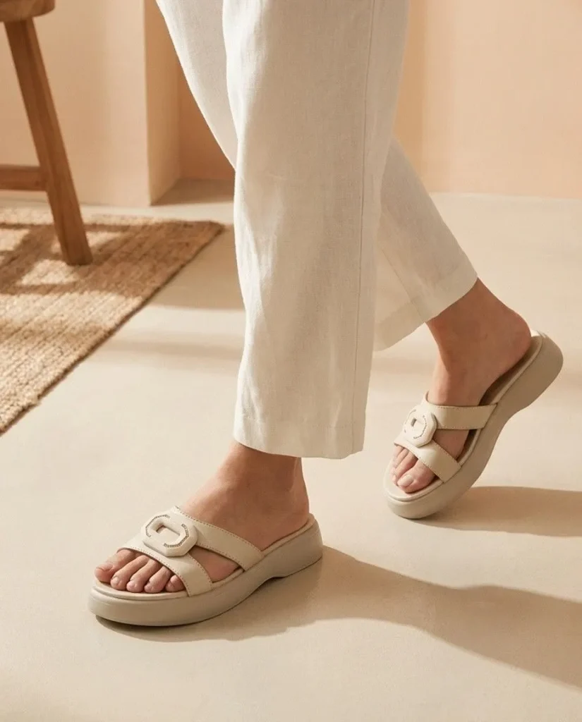 Close up of minimalist faux leather slide sandals worn with cream trousers