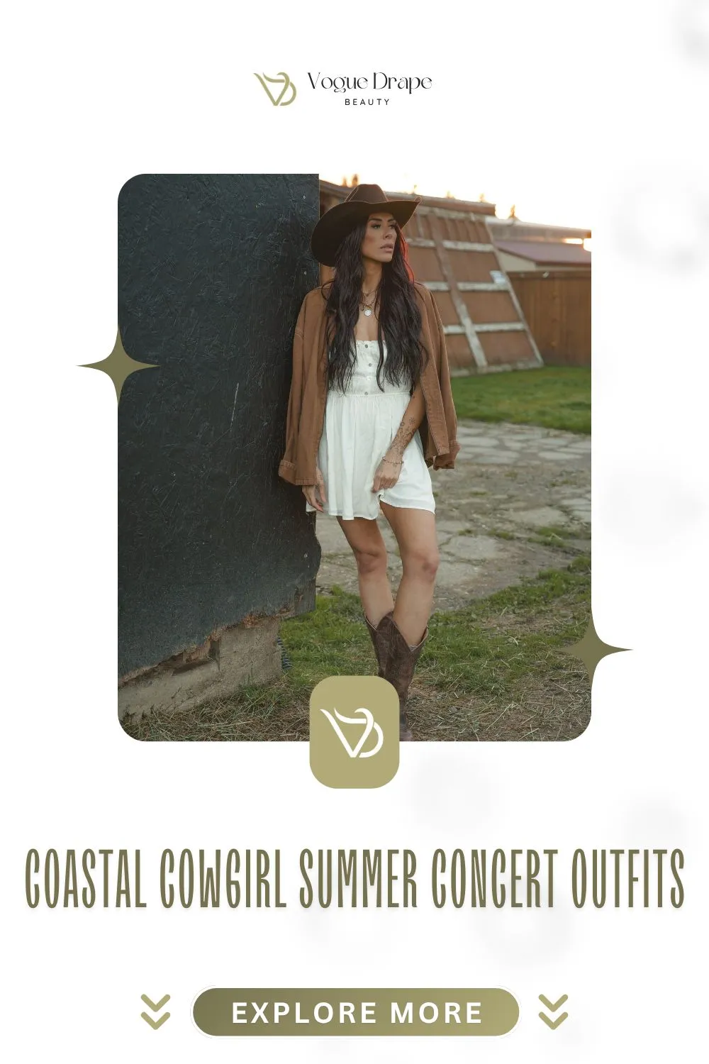A stylish woman wearing a white eyelet dress and tan suede cowboy boots standing in a coastal setting.