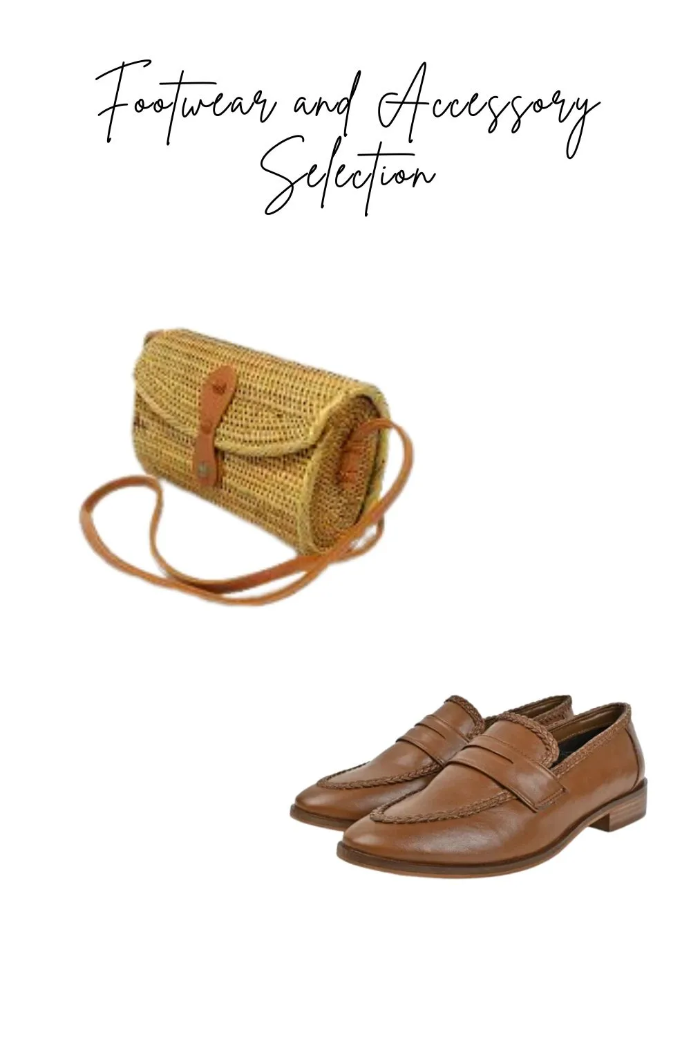 Tan leather loafers and a woven rattan crossbody bag for a Newport walking outfit
