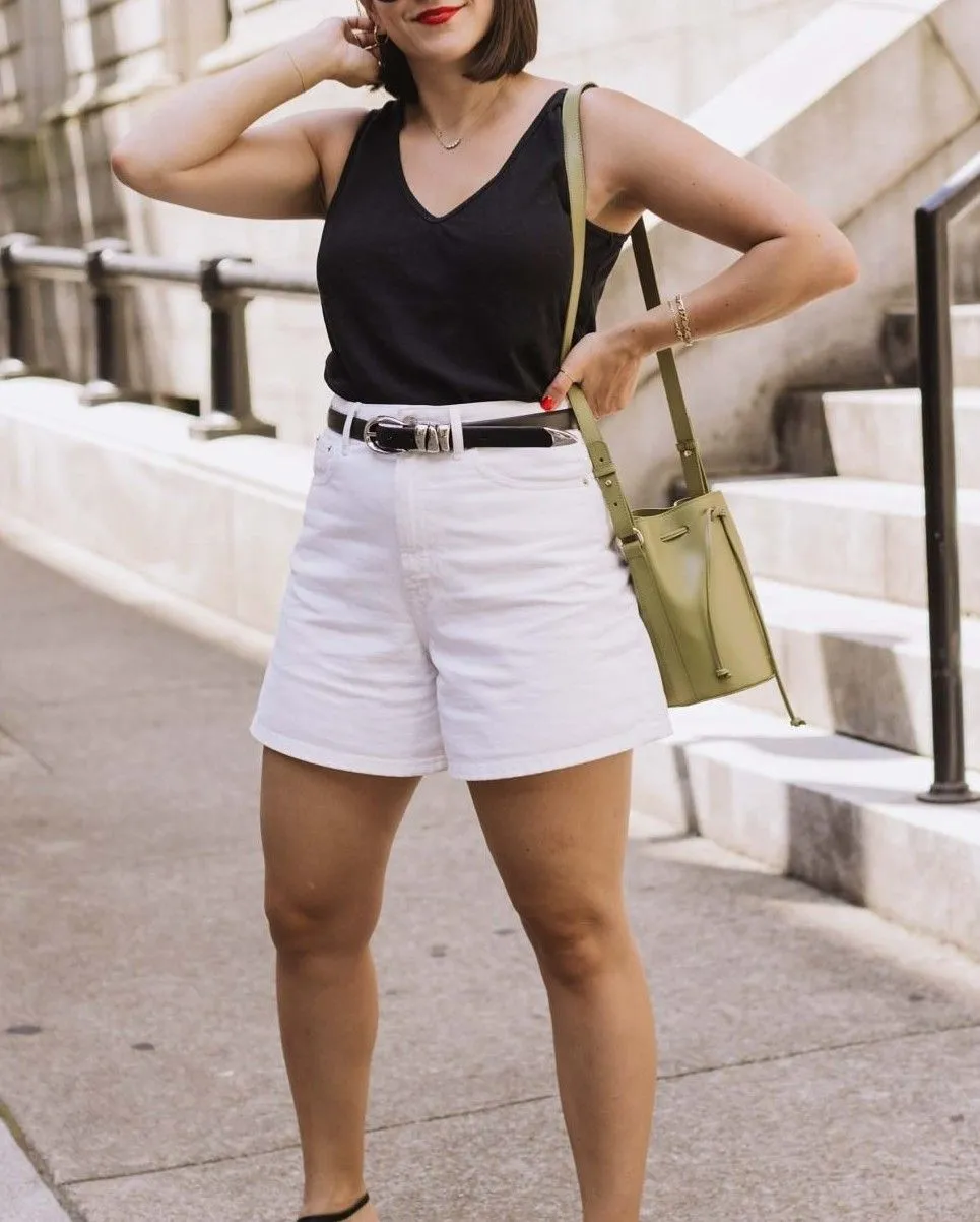 Close up of ribbed tank top paired with high-waisted linen shorts