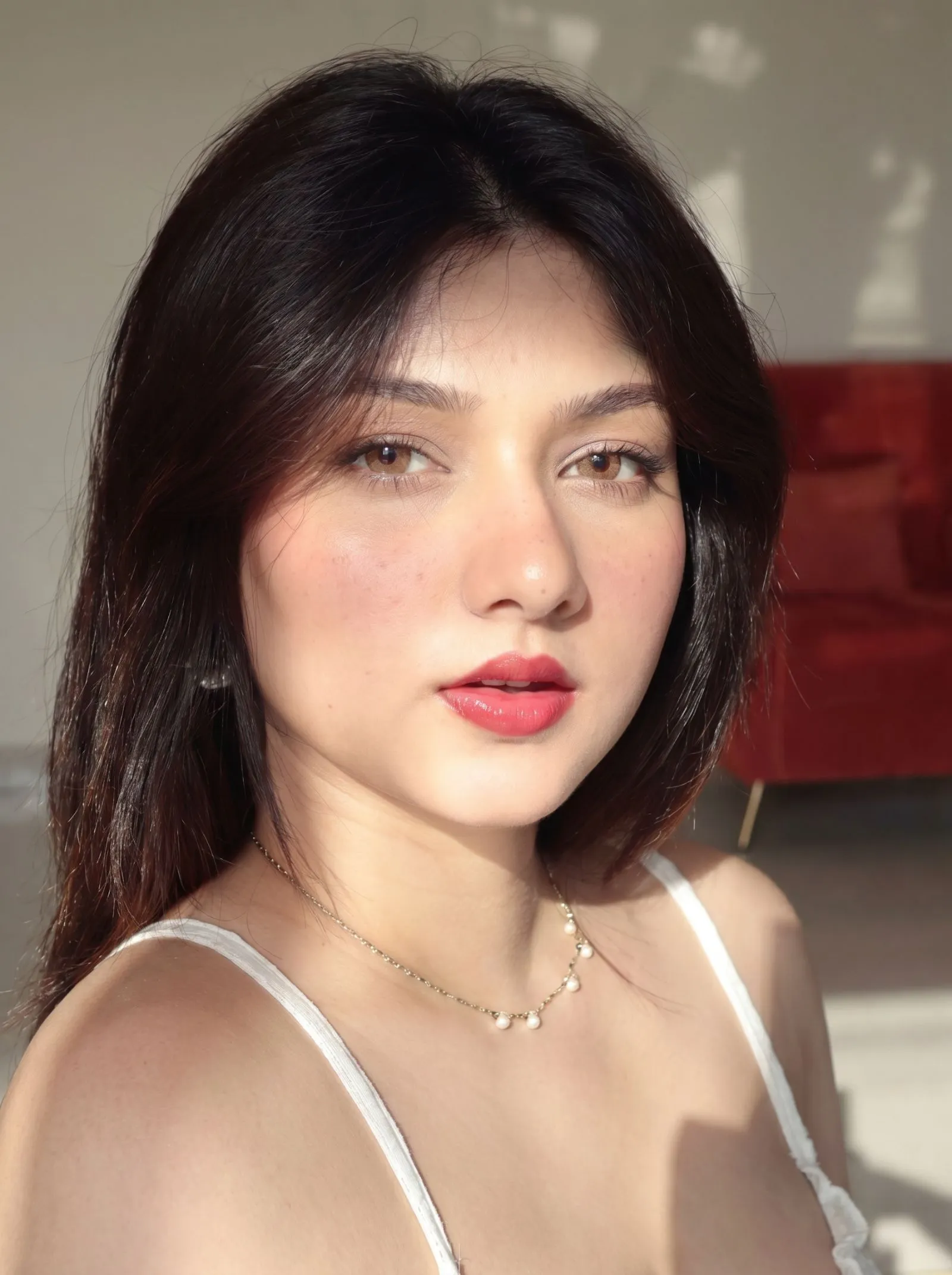 Close up of a glowing face with sheer pink blush, glossy lips, and vintage sunglasses