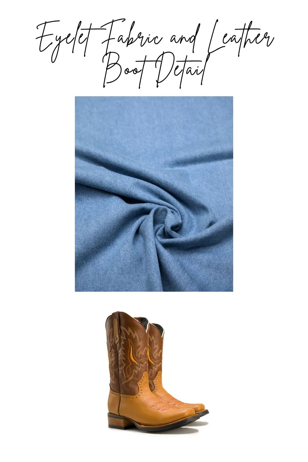 Close up of white eyelet fabric and tan leather cowboy boots