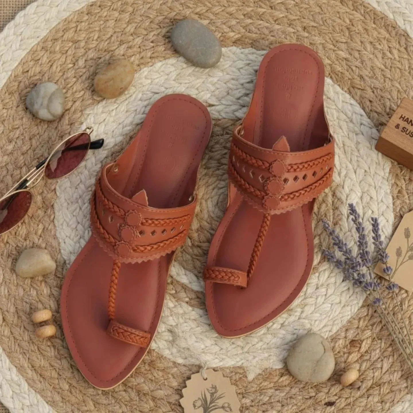 Close up showing matte finish and stitching on a faux leather sandal