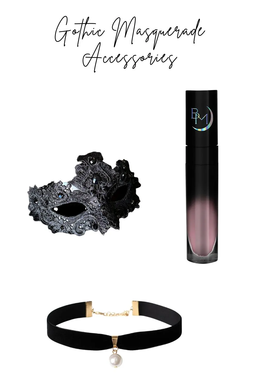 Flat lay of gothic accessories featuring a velvet choker and lace masquerade mask