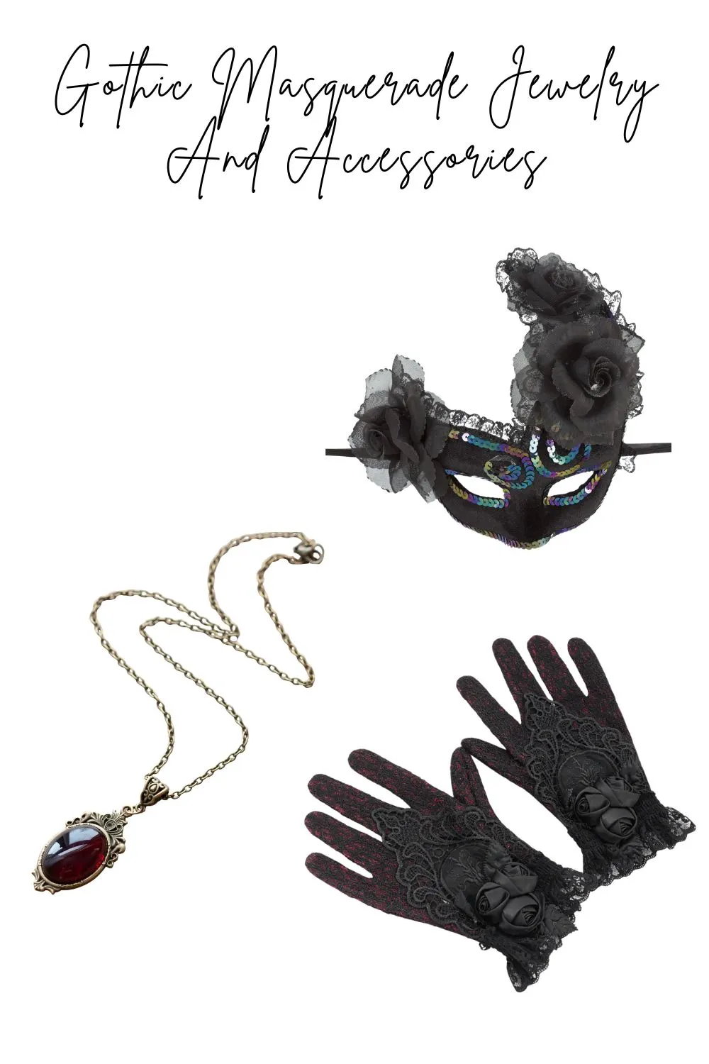 Gothic masquerade accessories including a mask and ruby necklace