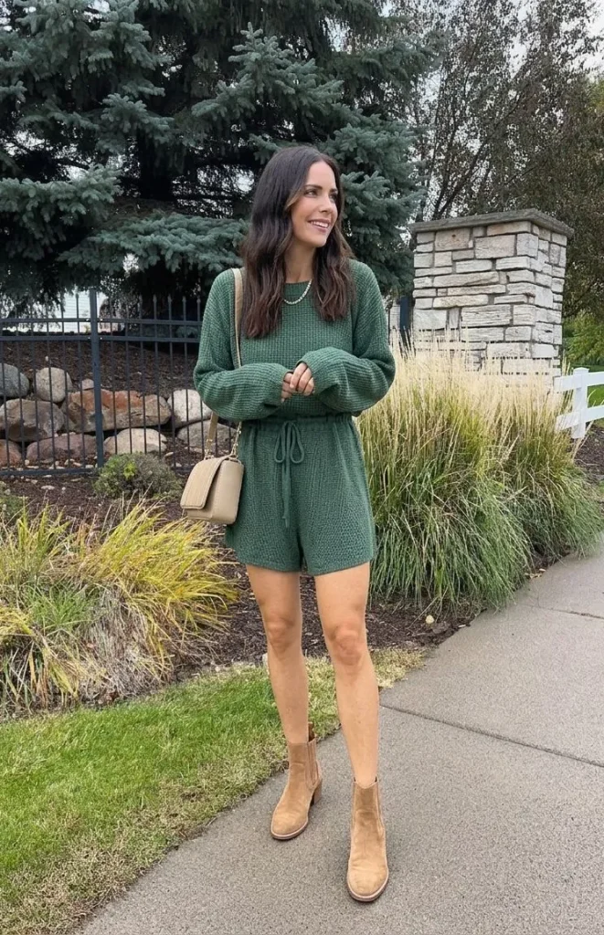 Woman wearing a breathable green romper and tan suede ankle boots for a summer concert
