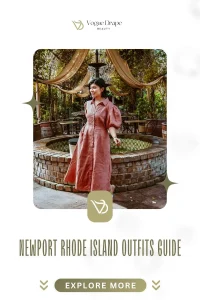 A stylish woman wearing a white linen dress and straw hat posing in front of a Newport Gilded Age mansion.