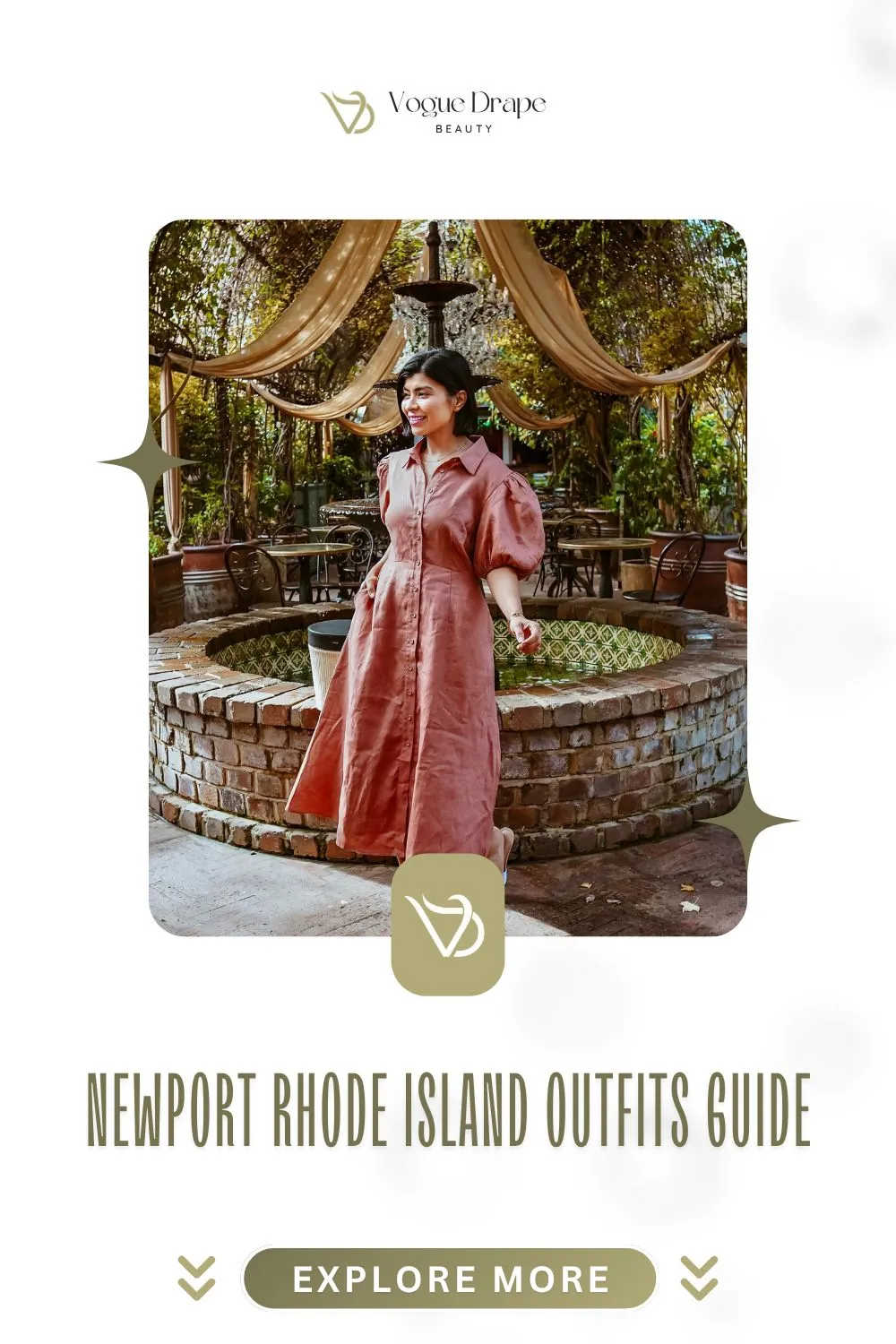 A stylish woman wearing a white linen dress and straw hat posing in front of a Newport Gilded Age mansion.