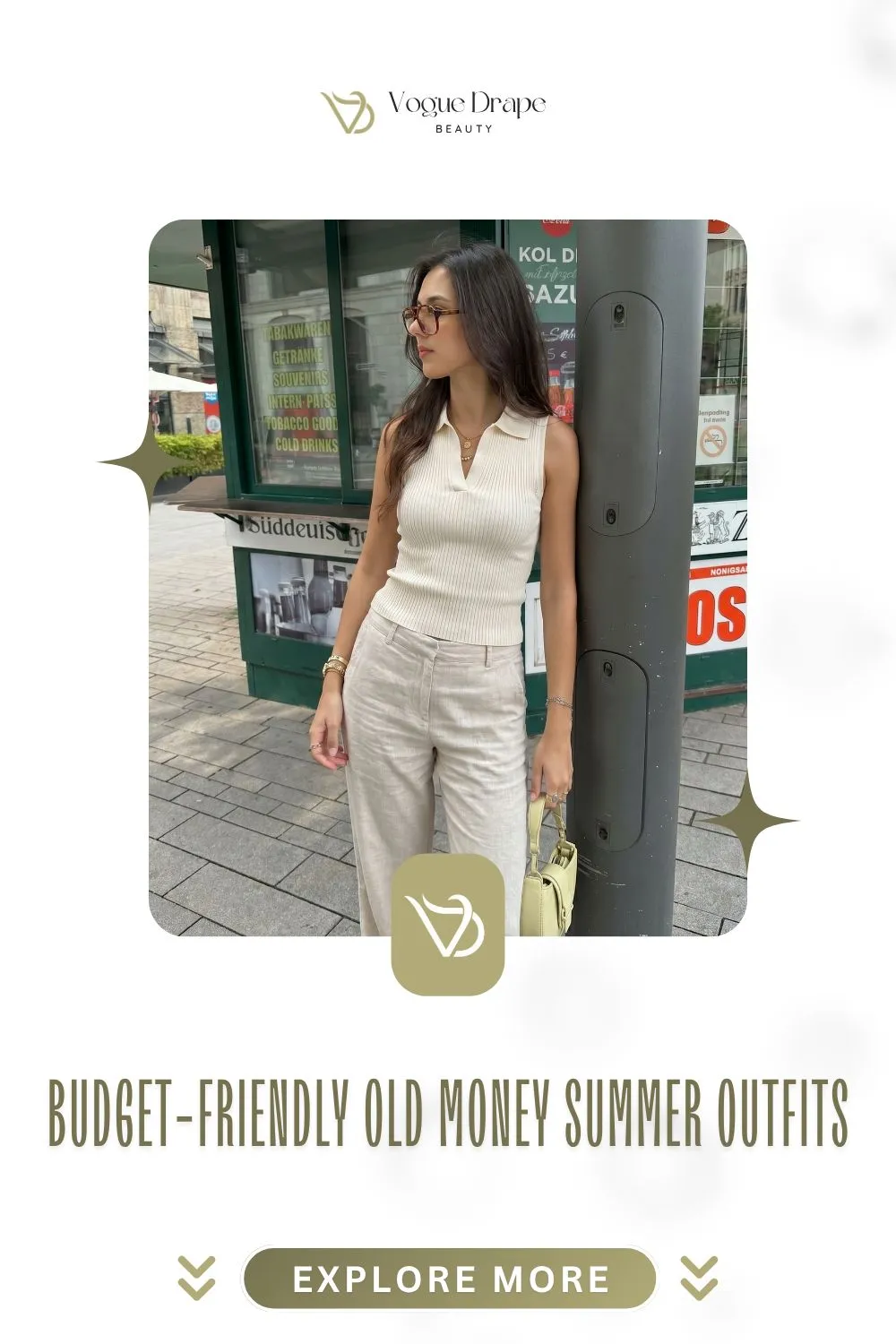 Chic woman wearing a budget-friendly old money summer capsule wardrobe including linen shorts and a poplin shirt.