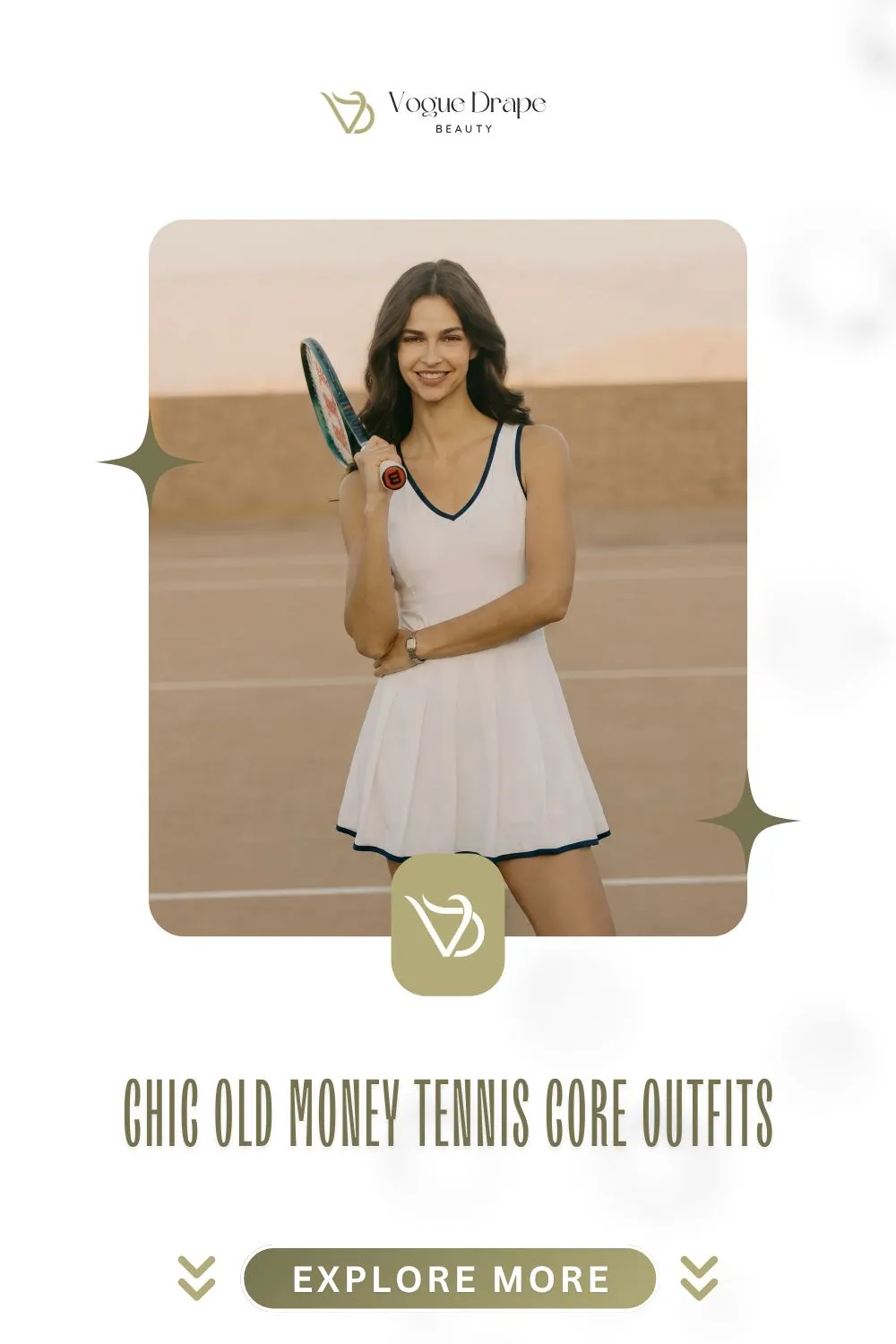 A stylish woman wearing a crisp white pleated skirt and cream cotton polo representing old money tennis core outfits for hot summer days.