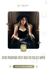 A woman in a black velvet corset ballgown and filigree mask for a gothic masquerade.