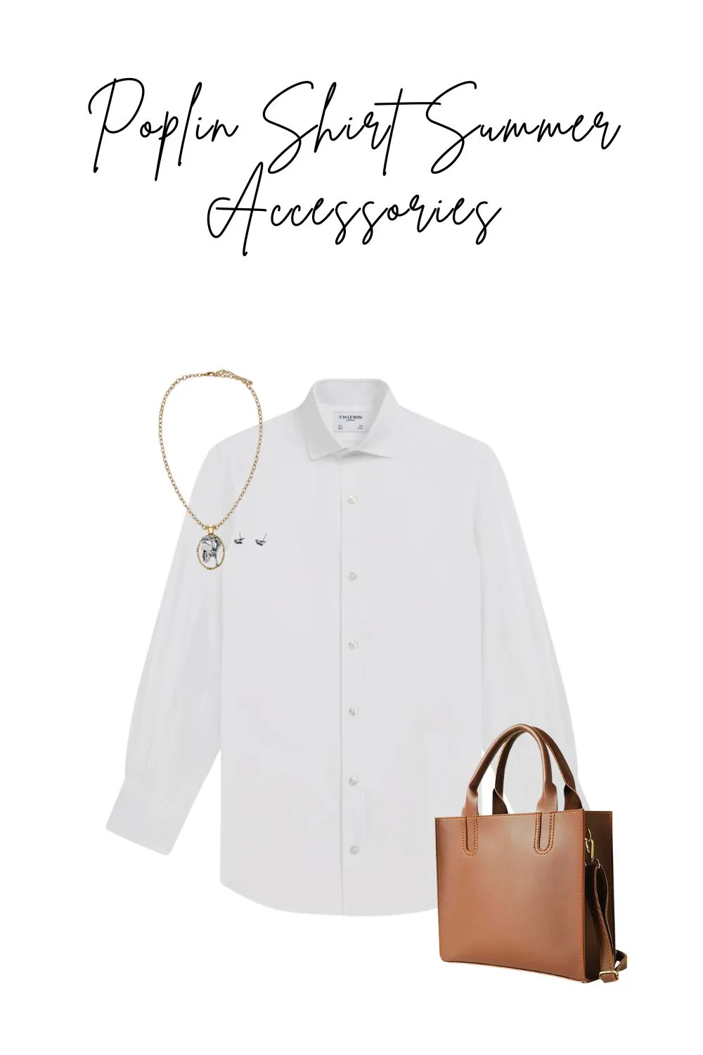 Flat lay of white poplin shirt with gold jewelry and leather bag